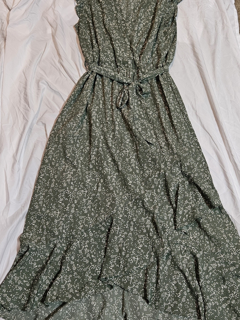 Women's Olive Green Floral Tie-Waist Maxi Dress by